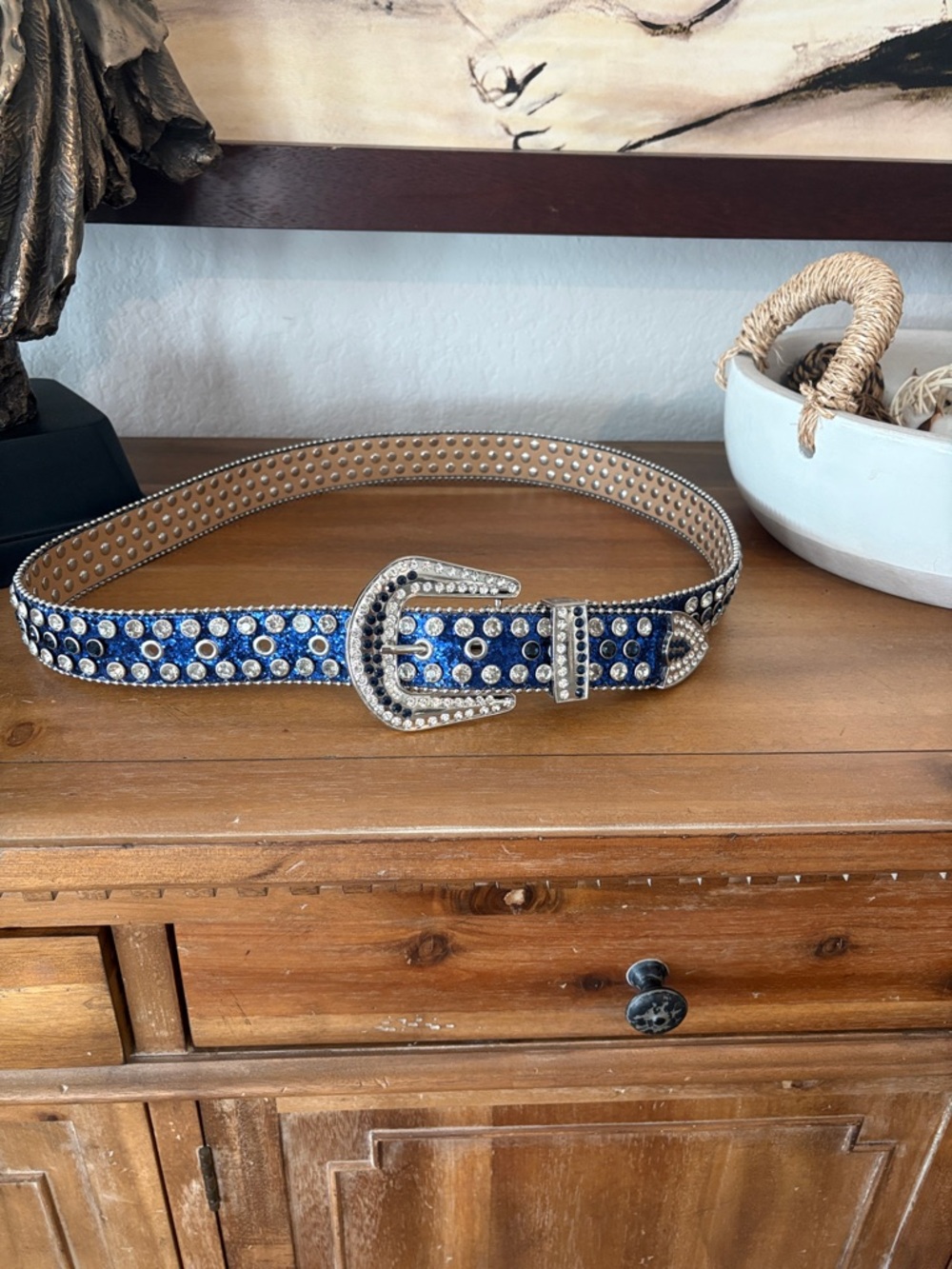 Studded Blue Rhinestone Women’s Belt with Silver Buckle